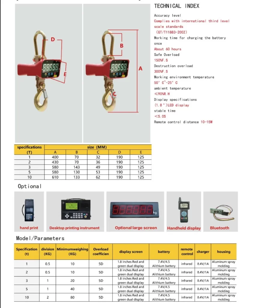 crane scale ocs xz + remote controller – 5000kg 1.3”lcd display