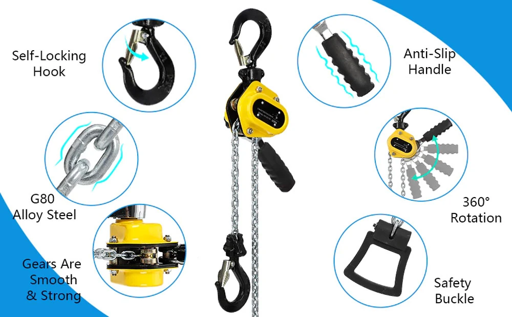 lever hoist type cs mini 250kg 500kg 750kg 10ft lever chain hoist w/portable hooks, 360°rotation hook