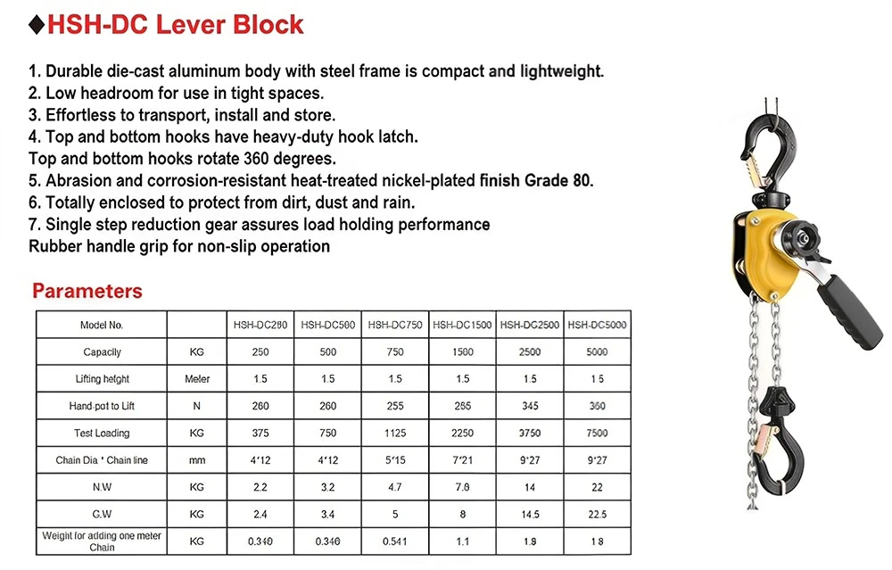 lever hoist type cs mini 250kg 500kg 750kg 10ft lever chain hoist w/portable hooks, 360°rotation hook
