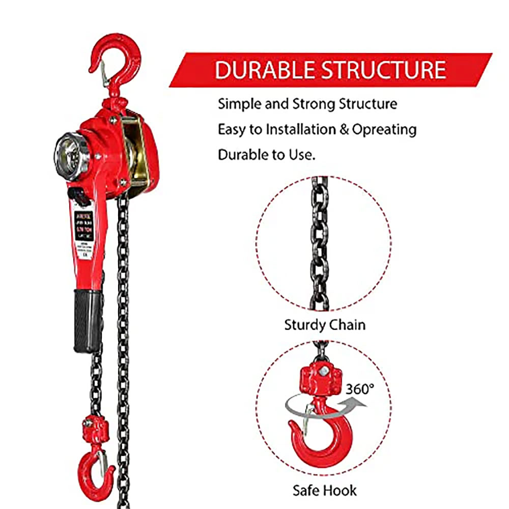 lever chain hoist, manual lever hoist, 10 feet lift steel chain g80 with heavy duty hooks industrial grade steel for lifting pulling building garages warehouse