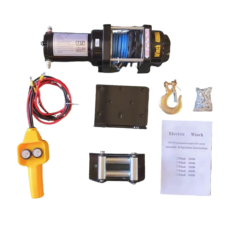 12v 24v 4000lbs electric winch with safe synthetic rope, wired remote & full mount kit for atv utv off road recovery
