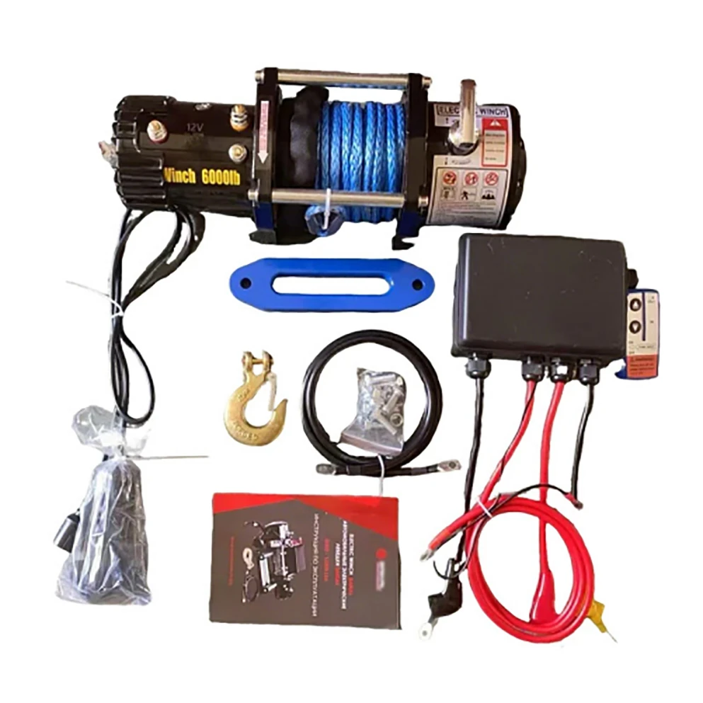 12V 6000 lbs electric winch with blue synthetic rope, complete accessories including control box, fairlead, hook, wiring harness, off-road vehicle recovery winch