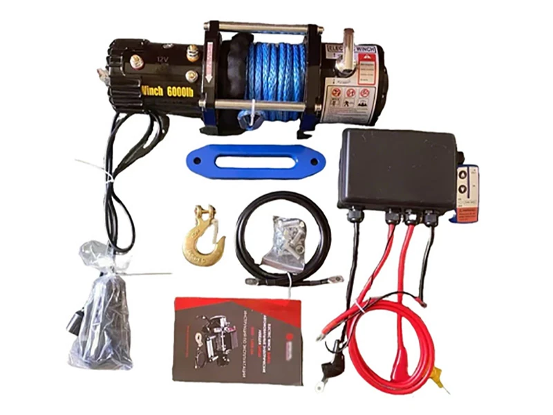 12V 6000 lbs electric winch with blue synthetic rope, complete accessories including control box, fairlead, hook, wiring harness, off-road vehicle recovery winch